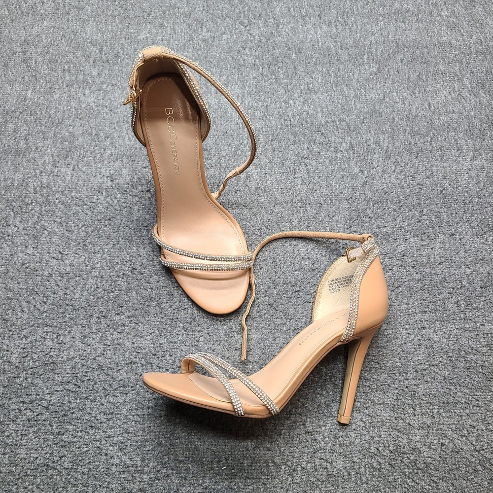BCBGeneration Jadie Heels Women 5.5‎ Tan Excellent Rhinestone Stiletto Sandals